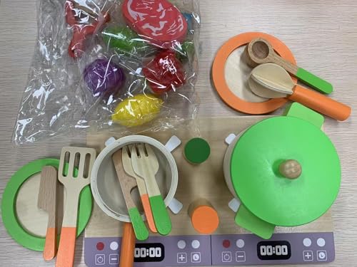 TGTT Kinderküche Zubehör Holz, Spielküche Zubehör, Holzspielzeug Inklusive Topfset Küchenspielzeug und Obst zum Schneiden, Kinderküche Rollenspiele Jungen und Mädchen Geschenke 3 Jahre von TGTT