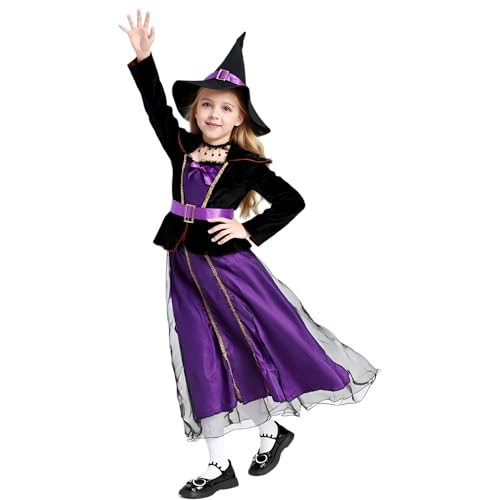 Halloween-Hexenkostüm, Kleid mit Hexenhut, Frauenkostüm, Outfit mit Korsett, durchsichtiger Rock, Mädchen, ausgefallene Halloween-Kostüme, violette Hexenkleider für Karneval, Party, Ballverkleidungen von TGUVGRHH