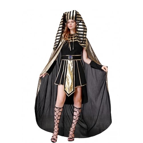 TGUVGRHH Ägyptische Königin-Kostüm, Kleid mit ägyptischer Kopfbedeckung, alte Ägypter, Cosplay-Kleider für Halloween, Karneval, Make-up-Ball (Schwarz + Gold, M) von TGUVGRHH