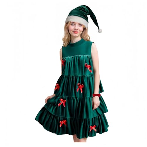 TGUVGRHH Ärmelloses Weihnachtsbaumkleid für Erwachsene, grünes Weihnachtskostüm, Samtkleid mit geschichtetem Rüschensaum, Damenkleider mit Hut und Armdekor für Party (Grün, XL) von TGUVGRHH