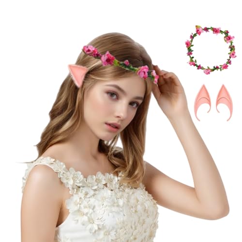 TGUVGRHH Blumen-Haarband-Set mit Elfenohren, Elfenohren, Cosplay-Zubehör-Set, Renaissance-Kostüm-Zubehör, Elfenohren-Set für Halloween, Karneval, Party (Stil 1, Einheitsgröße) von TGUVGRHH