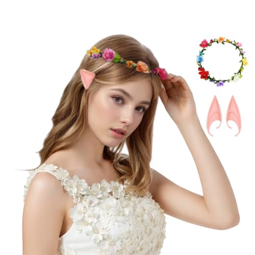 TGUVGRHH Blumen-Haarband-Set mit Elfenohren, Elfenohren, Cosplay-Zubehör-Set, Renaissance-Kostüm-Zubehör, Elfenohren-Set für Halloween, Karneval, Party (Stil 2, Einheitsgröße) von TGUVGRHH