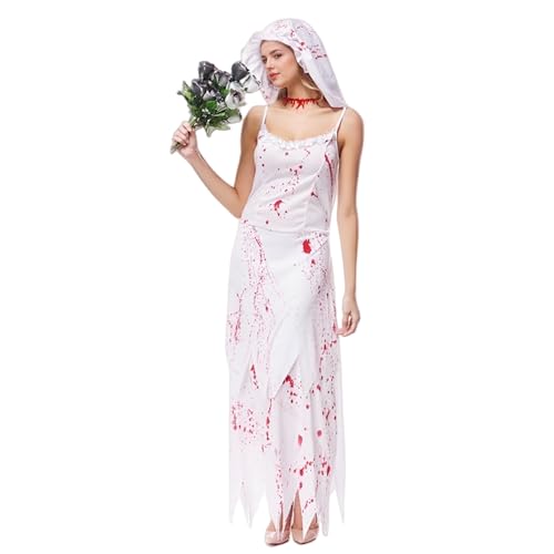 TGUVGRHH Blutiges Halloween-Brautkostüm, Damenkostüm, Kleid mit Kopfbedeckung für Halloween, Karneval, Abschlussball, Party, Ballkleid, Weiß, Größe S von TGUVGRHH