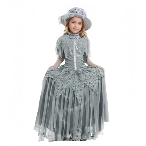 TGUVGRHH Braut Halloween Kostüm Skelett Braut Goth Spitzenkleid mit Hut Gruselige Horror Halloween Kostüme Verkleidung für Party Karneval (Mädchen, S) von TGUVGRHH