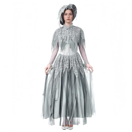 TGUVGRHH Braut Halloween Kostüm Skelett Braut Goth Spitzenkleid mit Hut Gruseliges Horror Halloween Kostüme Verkleidung für Party Karneval (Damen, M) von TGUVGRHH