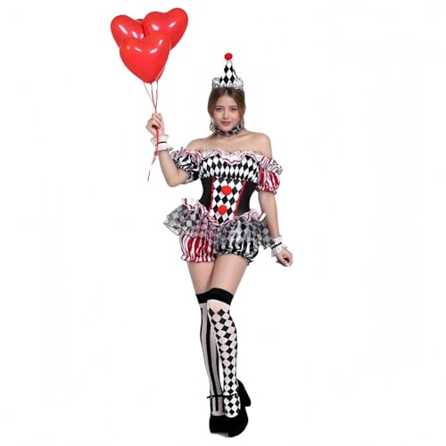 TGUVGRHH Clown-Kostüm für Damen, Clown-Outfit, Halloween-Kostüm für Erwachsene mit Haarband, gruselige Halloween-Kostüme für Party (Schwarz, XXL) von TGUVGRHH