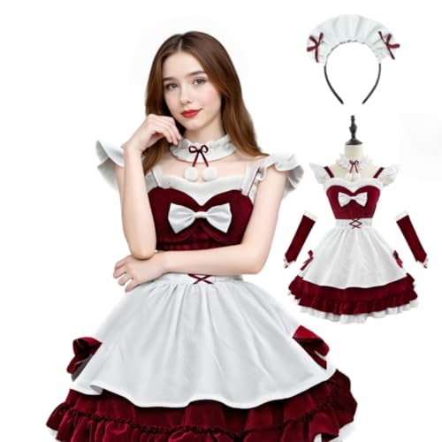 TGUVGRHH Damen Santa Maid Kleid Weihnachten Dienstmädchen Kleid Samt Lolita Kleider für Halloween Weihnachten (Rot, XL) von TGUVGRHH