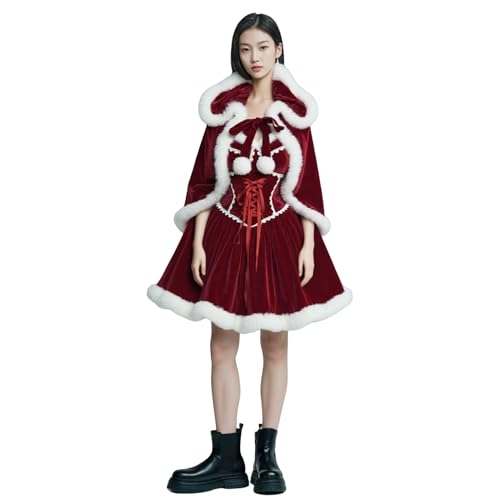 TGUVGRHH Damenkleid, Weihnachtsmann-Lolita-Kleid, warmes Weihnachtskleid mit Umhang, Weihnachtsmann-Samt-Rüschenkleid, Outfit für Halloween, Karneval, Party (Rot, Größe 3XL) von TGUVGRHH