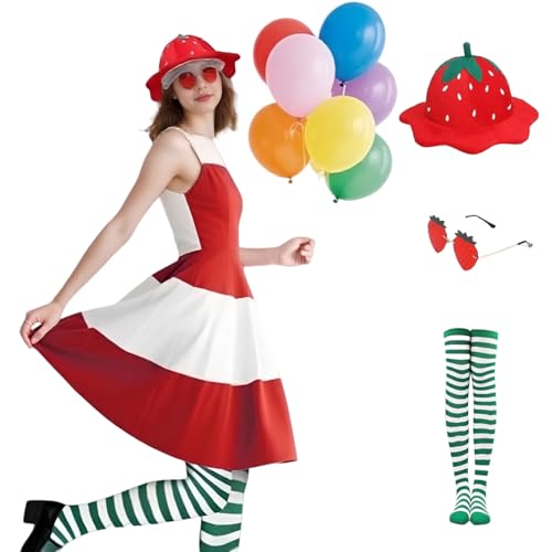 TGUVGRHH Erdbeer-Kostüm-Zubehör-Set, Erdbeer-Sonnenbrille, Hut, Kleid und Strümpfe, Obst-Kostüm-Outfit für Teil und Halloween (Erdbeere, Einheitsgröße), 4-teilig von TGUVGRHH