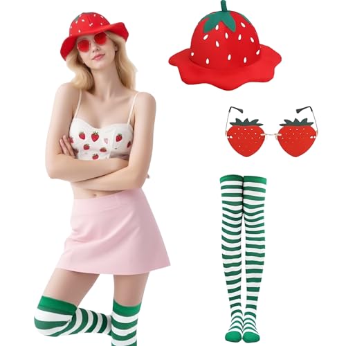 TGUVGRHH Erdbeer-Kostüm für Damen, Halloween-Obstkostüm mit Erdbeerhut, Brille und Erdbeerstrumpf für Karneval, Kostümball, Mottoparty (Rosa, Größe M) von TGUVGRHH