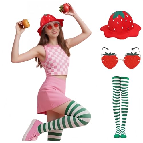 TGUVGRHH Erdbeerkostüm, Kleid für Erwachsene, rosa Kleid, 2-teiliges Outfit mit Erdbeerhut und Sonnenbrille, Zubehör, Socken, Obstkostüm, Verkleidung für Halloween-Party (Rosa, XS) von TGUVGRHH