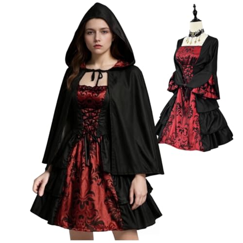 TGUVGRHH European Court Goth Kleid mit Kapuzenumhang, Vintage-Ballkleid, Rüschen, Steampunk-Kleid oder Halloween und LARP (Rot & Schwarz, M) von TGUVGRHH