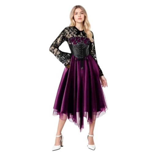 TGUVGRHH Goth Kleid mit Spitze Langarm Mittelalter Renaissance Gothic Korsett Kleid Fasching Erwachsene Frauen für Halloween Karneval Paty (9, M) von TGUVGRHH
