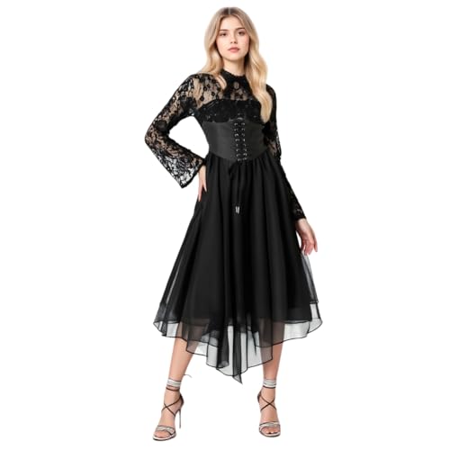 TGUVGRHH Gothic Kleid mit Spitze Langarm Mittelalter Renaissance Gothic Korsett Kleid Fasching Erwachsene Frauen für Halloween Karneval Paty (2, L) von TGUVGRHH