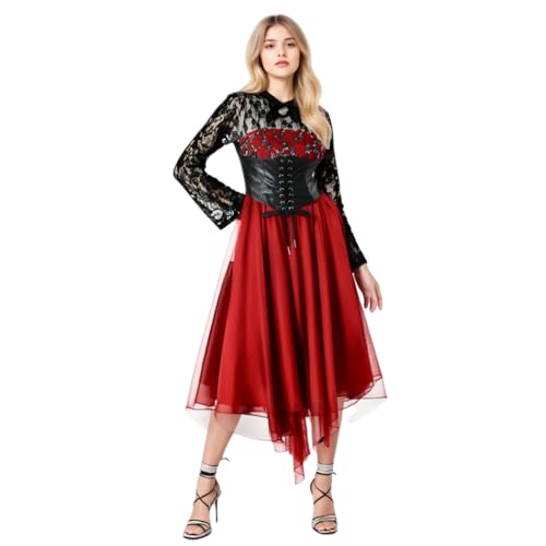 TGUVGRHH Gothic Kleid mit Spitze Langarm Mittelalter Renaissance Gothic Korsett Kleid Fasching Erwachsene Frauen für Halloween Karneval Paty (3, M) von TGUVGRHH