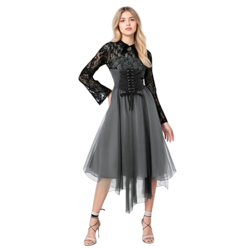 TGUVGRHH Gothic Kleid mit Spitze Langarm Mittelalter Renaissance Gothic Korsett Kleid Fasching Erwachsene Frauen für Halloween Karneval Paty (4, S) von TGUVGRHH