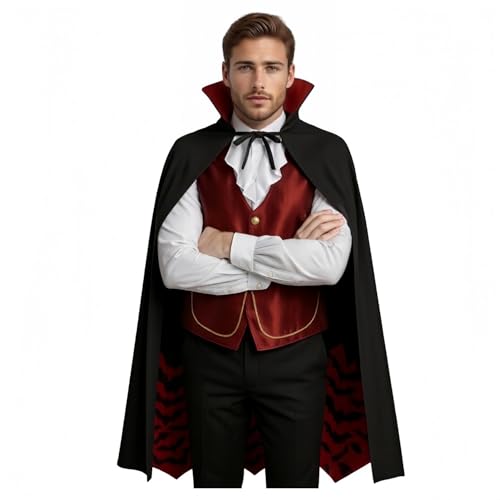 TGUVGRHH Gothic-Kostüm für Herren mit Umhang, gruseliges Halloween-Kostüm mit mittelalterlichem Hemd und schwarzem Halloween-Umhang, Herren-Kostüm für Erwachsene, für Party, Karneval (Rot, S) von TGUVGRHH