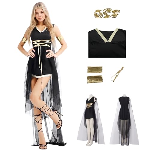 TGUVGRHH Griechisches Göttin-Kostüm für Damen, mit Lorbeerkrone, altgriechisches Kostüm, Göttin-Kleid mit Taillenseil und Spitzen-Umhang, schwarzes Gothic-Kleid für Halloween, Karneval, LARP-Kostüm TGUVGRHH Griechisches Göttin-Kostüm für Damen, mit Lorbeerkrone, altgriechisches Kostüm, Göttin-Kleid mit Taillenseil und Spitzen-Umhang, schwarzes Gothic-Kleid für Halloween, Karneval, LARP-Kostüm von TGUVGRHH