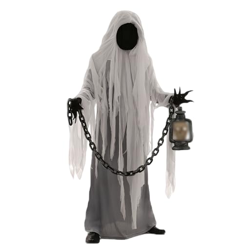TGUVGRHH Gruseliges Geisterkostüm, Geistermantel mit Kapuze, gruseliges Geistergesicht, Robe mit Totenkopf-Lampe für Halloween, Karneval, Party (Erwachsene, Einheitsgröße) von TGUVGRHH