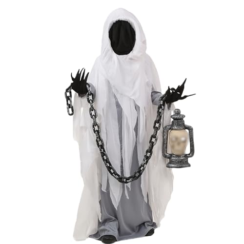 TGUVGRHH Gruseliges Geisterkostüm, Geistermantel mit Kapuze, gruseliges Geistergesicht, Robe mit Totenkopf-Lampe für Halloween, Karneval, Party (Jungen und Mädchen, Einheitsgröße) von TGUVGRHH