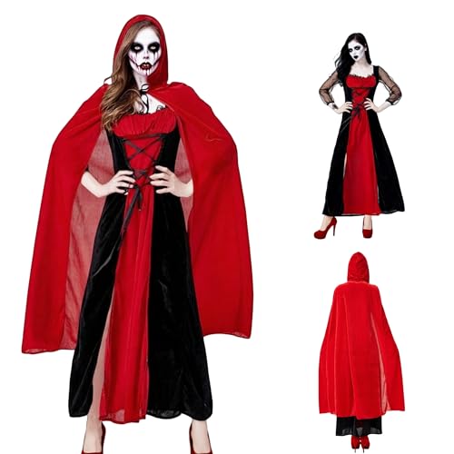 TGUVGRHH Halloween-Hexenkostüm, Kleid mit Kapuze, Mittelalter-Kostüm, Renaissance-Kleider mit Hexenumhang, Vintage-Gothic-Kleid für Halloween, Karneval (Rot + Schwarz, M) von TGUVGRHH
