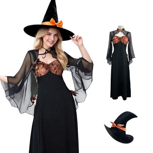 TGUVGRHH Halloween-Hexenkostüm für Erwachsene, mittelalterliches Hexenkostüm, Kleid mit Hexenhut, ausgefallenes Hexen-Outfit, Swing-Maxikleid mit Kürbismuster für Karneval, Make-up-Ball, Party (Orange TGUVGRHH Halloween-Hexenkostüm für Erwachsene, mittelalterliches Hexenkostüm, Kleid mit Hexenhut, ausgefallenes Hexen-Outfit, Swing-Maxikleid mit Kürbismuster für Karneval, Make-up-Ball, Party (Orange von TGUVGRHH