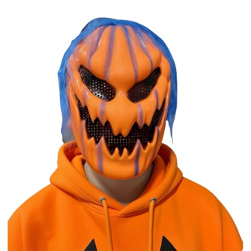 TGUVGRHH Halloween-Kürbis-Kopfmaske, gruselige Halloween-Kürbis-Kopfmasken mit Teufelslächeln, gruselige Kürbismaske mit Kunsthaar für Erwachsene, Halloween-Kostüm, Karneval, Kostümball (Blau von TGUVGRHH