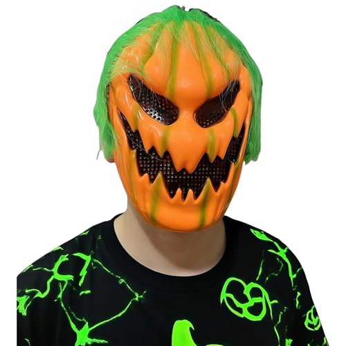 TGUVGRHH Halloween-Kürbis-Kopfmaske, gruselige Halloween-Kürbis-Kopfmasken mit Teufelslächeln, gruselige Kürbismaske mit Kunsthaar für Erwachsene, Halloween-Kostüm, Karneval, Kostümball (Grün von TGUVGRHH