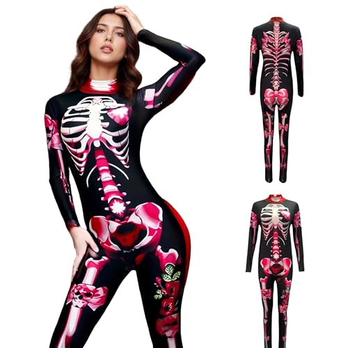 TGUVGRHH Halloween-Skelett-Kostüm mit Totenkopf-Maske, Skelett-Body, Einteiler, ausgefallener Halloween-Overall für Halloween-Party, Make-up-Ball (Rosenskelett 1, 2XL) von TGUVGRHH