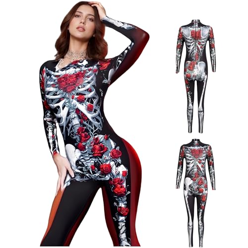 TGUVGRHH Halloween-Skelett-Kostüm mit Totenkopf-Maske, Skelett-Body, Einteiler, ausgefallener Halloween-Overall für Halloween-Party, Make-up-Ball (Rosenskelett 2, L) von TGUVGRHH