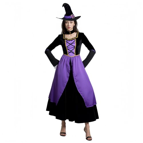 TGUVGRHH Hexenkostüm Erwachsene, Mittelalter Hexenkleid Lila Outfits mit Hut & Halskette, Halloween Hexen Kostüm Damen für Party Karneval (Lila, 5XL) von TGUVGRHH