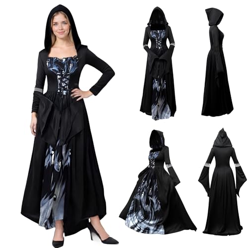 TGUVGRHH Hexenkostüm für Damen, mittelalterliches Hexenkostüm, Kleider mit Hexenhut, ausgefallenes Hexen-Outfit mit Skelettmuster für LARP, Halloween, Karneval, Kostümball (Schwarz, M) von TGUVGRHH