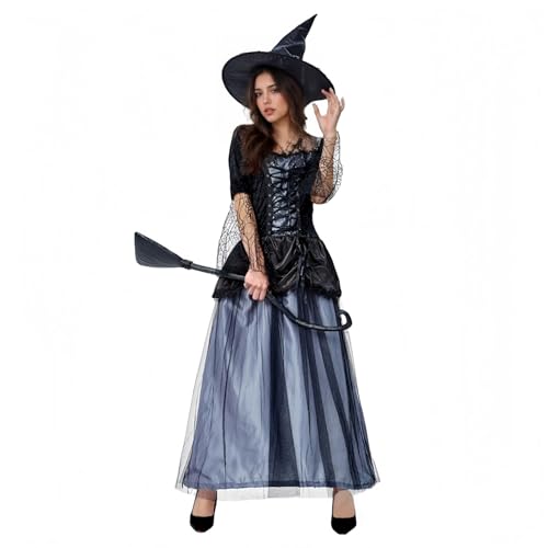 TGUVGRHH Hexenkostüm für Erwachsene, Hexenkostüm, Gothic-Korsettkleid, Outfits für Damen, mit Hut und Netzärmeln, Halloween-Kostüme für Erwachsene, für Party, Karneval (Schwarz, M) von TGUVGRHH