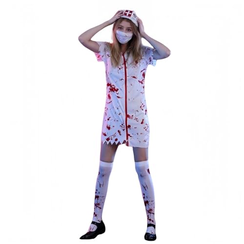 TGUVGRHH Horror-Krankenschwester-Kostüm, blutiges Krankenschwester-Arzt-Outfit, Faschingskostüm mit Kopfbedeckung & Maske, gruselige Halloween-Kostüme für Erwachsene für Party (Damen, M) von TGUVGRHH
