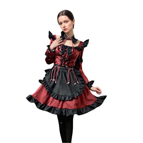 TGUVGRHH Lolita Goth Kleid Rüschen Steampunk Kleid Mittelalter Viktorianischen Dienstmädchenkleider für Halloween und LARP (Rot und Schwarz, S) von TGUVGRHH