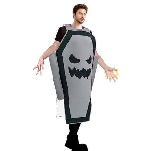 TGUVGRHH Lustiges Halloween-Kostüm, Grabstein, Tunika, Halloween, Sargkasten-Kostüm, Verkleidung mit gruseligem Lächeln für Karneval, Make-up-Ball (schwarz + grau, Einheitsgröße) von TGUVGRHH