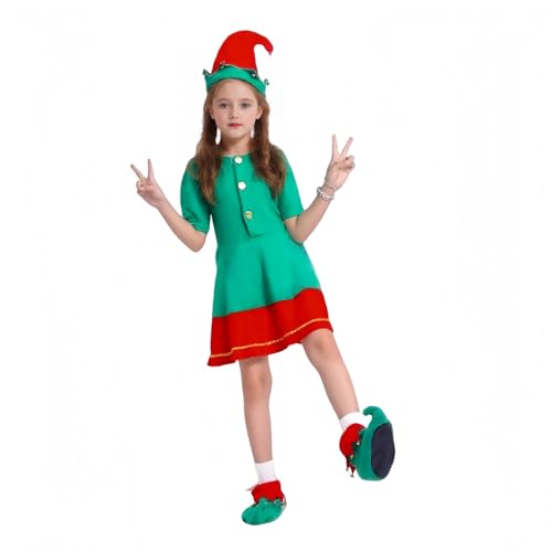 TGUVGRHH Mädchen Elfenkostüm Kleid Outfit mit Hut & Schuhüberzieher Weihnachten Verkleidung für Karneval Party Festival (Elf, 100) von TGUVGRHH