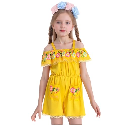 TGUVGRHH Mexikanisches Kostüm für Mädchen, mexikanischer traditioneller schulterfreier Jumpsuit mit Kopfbedeckung, Halloween-Kostüme, Outfit für Party, Karneval (Gelb, 110) von TGUVGRHH