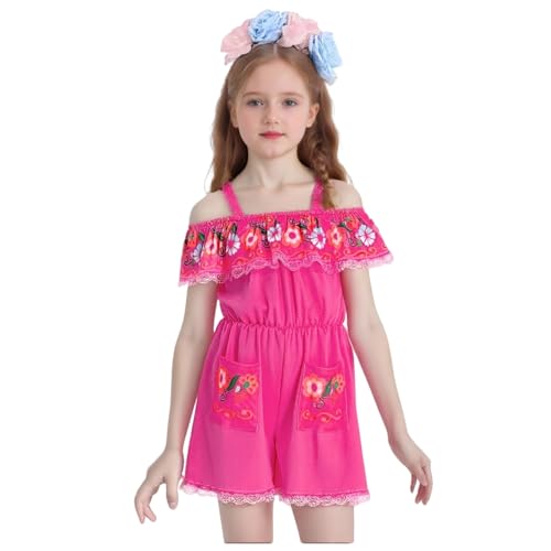 TGUVGRHH Mexikanisches Kostüm für Mädchen, mexikanischer traditioneller schulterfreier Jumpsuit mit Kopfbedeckung, Halloween-Kostüme, Outfit für Party, Karneval (Rosarot, 130) von TGUVGRHH