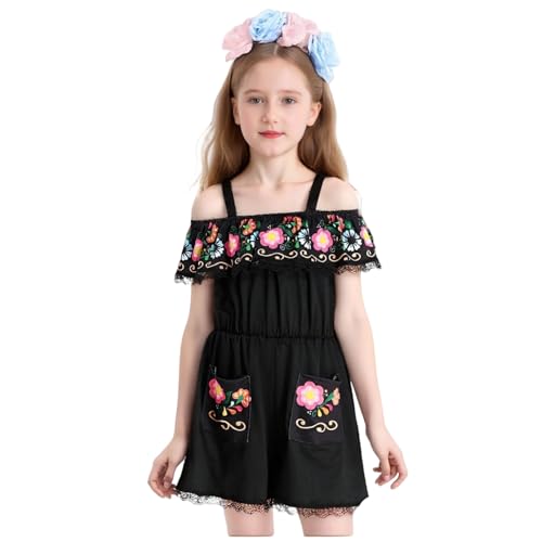 TGUVGRHH Mexikanisches Kostüm für Mädchen, mexikanischer traditioneller schulterfreier Jumpsuit mit Kopfbedeckung, Halloween-Kostüme, Outfit für Party, Karneval (Schwarz, 110) von TGUVGRHH
