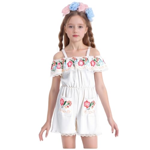 TGUVGRHH Mexikanisches Kostüm für Mädchen, mexikanischer traditioneller schulterfreier Jumpsuit mit Kopfbedeckung, Halloween-Kostüme, Outfit für Party, Karneval (Weiß, 120) von TGUVGRHH