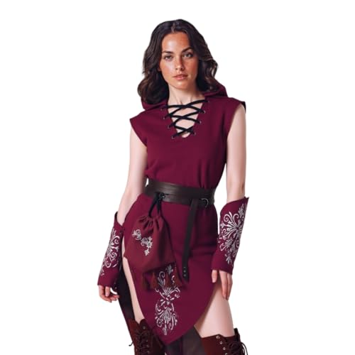 TGUVGRHH Mittelalter Elfen Kostüm Ärmellos Renaissance Kapuzenkleid Gothic Kleid mit Blumenmuster für Halloween und LARP (Rot, L) von TGUVGRHH