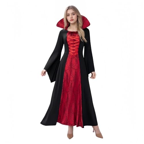 TGUVGRHH Mittelalter Goth Kleid mit Stehkragen, Renaissance Kleid mit Trompetenärmeln Spinnennetzdruck Viktorianischen Fasching Halloween Kostüme für Party (Rot, M) von TGUVGRHH