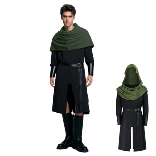 TGUVGRHH Mittelalter Tunika Kostüm Herren mit Kapuzenschal, Ritterkrieger-Kostüm Erwachsene Komplettes Set mit Handgelenkschutz & Gürtel, Halloween LARP Kostüme für Party Karneval (Grün, XXL) von TGUVGRHH