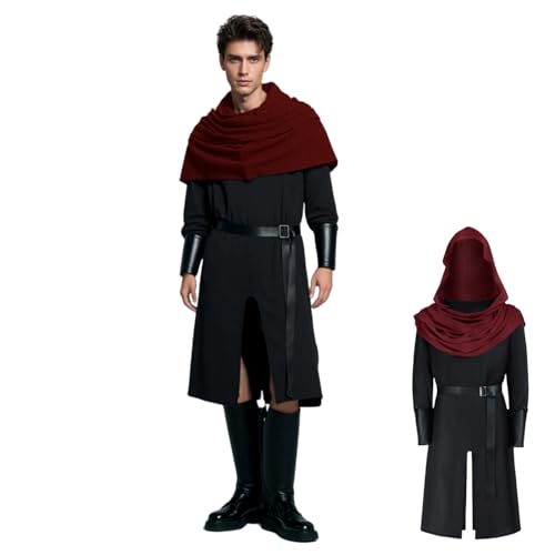 TGUVGRHH Mittelalter Tunika Kostüm Herren mit Kapuzenschal, Ritterkrieger-Kostüm Erwachsene Komplettes Set mit Handgelenkschutz & Gürtel, Halloween LARP Kostüme für Party Karneval (Rot, L) von TGUVGRHH