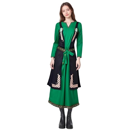 TGUVGRHH Mittelalterliches Damenkleid mit Schürze, zweiteiliges Mittelalterkleid, Renaissance-Leinen-Mischgewebe, Schürze, Kostüm für Halloween (Grün, Größe 3XL) von TGUVGRHH