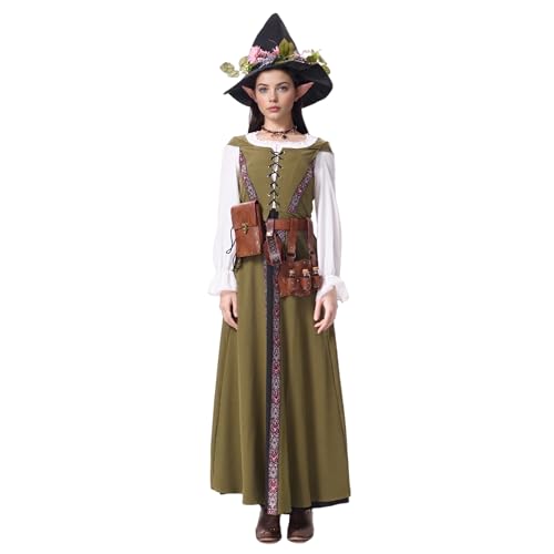 TGUVGRHH Mittelalterliches Feenkostüm-Set, Renaissance-Kostüm, Feenkleid mit Elfenohr, traditionelles irisches Kleid mit Hut und Taillengürtel für Halloween, Karneval, Party (Grün, L) von TGUVGRHH