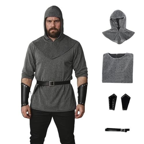 TGUVGRHH Mittelalterliches Ritterketten-Tunika-Shirt, mittelalterliches Ritter-Kostüm-Outfit, Renaissance-Kunstkettenhemd mit Hut und Armband für Halloween (Grau, Größe 3XL) von TGUVGRHH