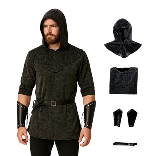 TGUVGRHH Mittelalterliches Ritterkettenhemd, mittelalterliches Ritter-Kostüm, Outfit, Renaissance-Kunstkettenhemd mit Hut und Armband für Halloween (Schwarz, M) von TGUVGRHH