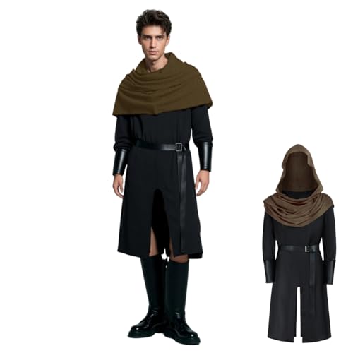 TGUVGRHH Mittelalterliches Tunika-Kostüm für Herren mit Kapuzenschal, Ritterkrieger-Kostüm für Erwachsene, komplettes Set mit Handgelenkschutz & Gürtel, Halloween LARP Kostüme für Party, Karneval TGUVGRHH Mittelalterliches Tunika-Kostüm für Herren mit Kapuzenschal, Ritterkrieger-Kostüm für Erwachsene, komplettes Set mit Handgelenkschutz & Gürtel, Halloween LARP Kostüme für Party, Karneval von TGUVGRHH